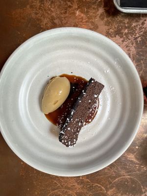 Chocolate cheesecake, banana ice cream, & caramel! So good!  at Nic's on Beverly in Los Angeles