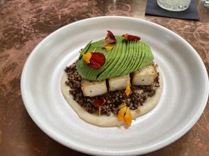 Pan seared tofu (I did remove the sea beans and add avocado!) delicious!  at Nic's on Beverly in Los Angeles