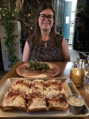 Detroit style pepperoni pizza with ranch to dip. Lion’s Mane Steak - beyond delicious    at Nic's on Beverly in Los Angeles