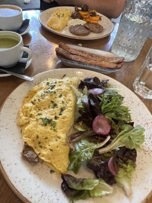 From top down: Country Breakfast, Tempeh Bacon, French Omelette  at Nic's on Beverly in Los Angeles