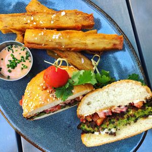 Vegan Falafel Burger with The best Fries ever! at Nic's on Beverly in Los Angeles