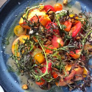 Heirloom Tomato & Peach Salad  at Nic's on Beverly in Los Angeles