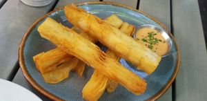 Kennebec potato gratin fries with Harissa Secret Sauce at Nic's on Beverly in Los Angeles