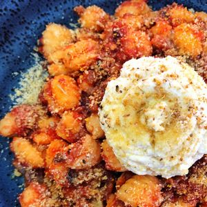 GNOCHIETTE Eggplant Bolognese with Almond Rico at Nic's on Beverly in Los Angeles