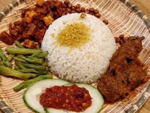 Nasi lemak Rendang. Exchanged egg for tempeh at Double Durian - VivoCity  in Central Singapore