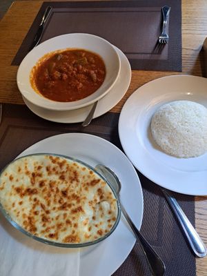 Okra in red sauce and chicken lasanha at Vegan In Our House in Cairo