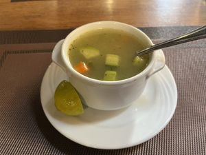 Tiny cup of veg soup  at Vegan In Our House in Cairo