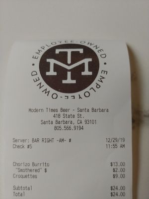 $24 for Chorizo Burrito and Croquettes, meal for two people at Modern Times Beer in Santa Barbara