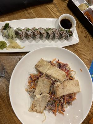 Treehugger Roll And Sweet potato cold noodle salad with tofu   at Universal Studios - The Cowfish Sushi Burger Bar in Orlando