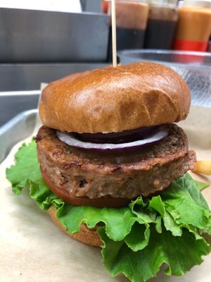 Beyond Burger served with lettuce, tomato and onion & fries at Sharky's in Boonton