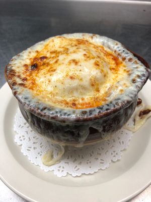 French Onion Soup made with vegetable stock and Swiss cheese. at Sharky's in Boonton