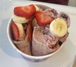 Blueberry, raspberry ice cream with strawberry banana topping   at Simply Rolled in Cincinnati