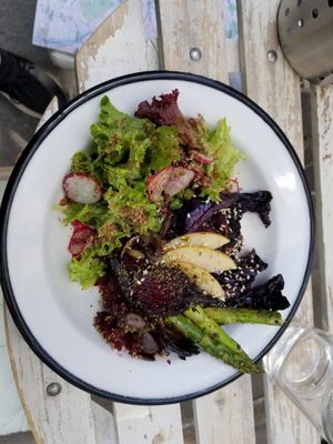 Dish of the day: purple cabbage, beets, radishes, asparagus, apples, seeds... at Diekochdame in Vienna