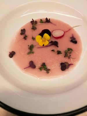 Vegan radish soup at Diekochdame in Vienna