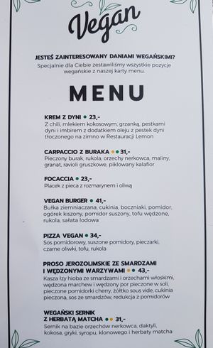 Vegan menu at Lemon Resort in Grodek Nad Dunajcem