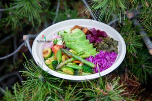 FQ Power-Packed Protein Bowl (Organic, non-GMO curried quinoa, sprouted mung beans, black chick peas, smoked portobello mushrooms, avocado, veggies, beetroot, braised kale) at The Food Quotient in Brampton