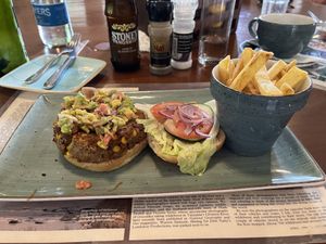 Vegan black bean burger with guacamole  at Piri Piries in Ukunda