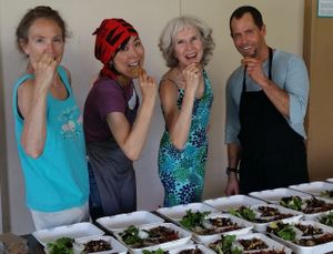 Fun preparing the take -out dinners. at Vegan Dinners in Palo Alto