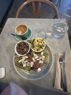 Avo Bread with beetroot Hummus, vegan Feta, scrambled Tofu and mushrooms   at Another Heart To Feed in Manchester