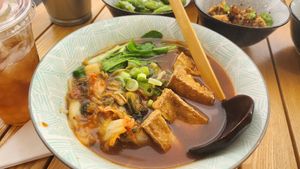 Vegan ramen with Tofu, kimichi, noodles, pad cho ... at Tea & Bun in Plymouth