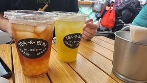 Lychee and Mango fruit teas at Tea & Bun in Plymouth