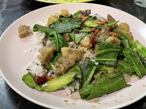 Crispy pork belly kale, 50 baht  at Nanping San in Nong Khai