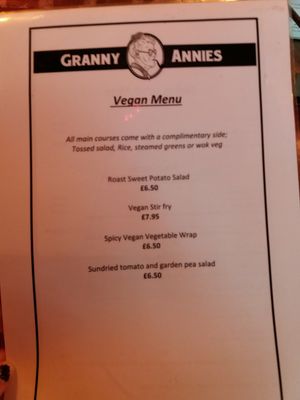 Vegan menu at Granny Annies in Londonderry