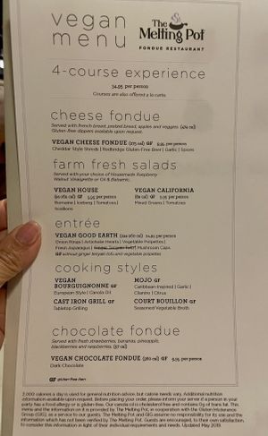 Full vegan menu  at The Melting Pot in Raleigh