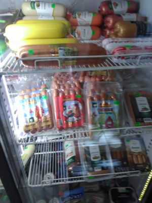 Mock meats and cheeses in fridge. at Jagannath - Osenniy Bul'var in Moscow