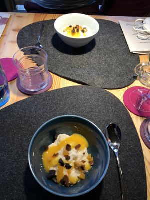 Almond milk rice with mango purree at aufatmen in Leutasch