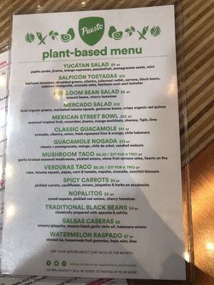 Plant Based menu (seasonal) at Puesto in Concord