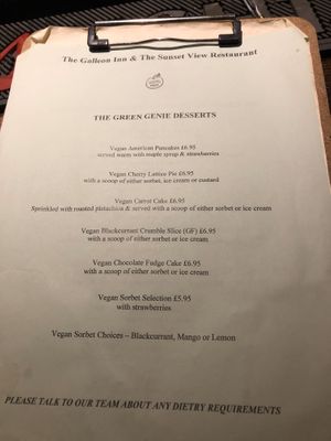Vegan dessert menu at Galleon Inn in Broad Haven