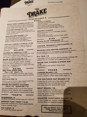 Menu at The Drake in Victoria