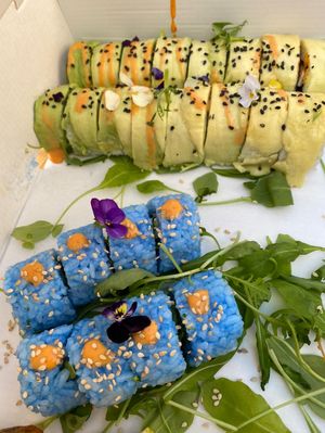 Bottom: Blue Sushi - Top: 2 x Avo & Mango Rolls  at Donna Vegana in Mallorca