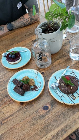 Blueberry cheese cake, Chocolate cake with a raspberry core, Bounty's, brownie truffle, peanutbutter truffle at Donna Vegana in Mallorca