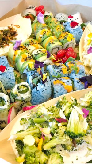 Blue Spirulina sushi and avocado, feta and mando sushi. Don’t forget the spicy mayo. Everything organic and vegan gluten free 100%!!! at Donna Vegana in Mallorca