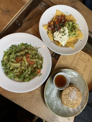 Vegan pesto pasta, vegan nachos, vegan pancakes  at No. 18 Coffee House in Tamworth