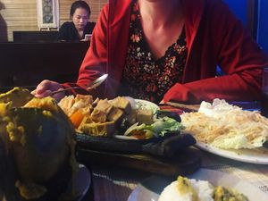 Tofu and mushrooms were served on a hot sizzling plate at Vegetarian Sapa Restaurant in Sapa