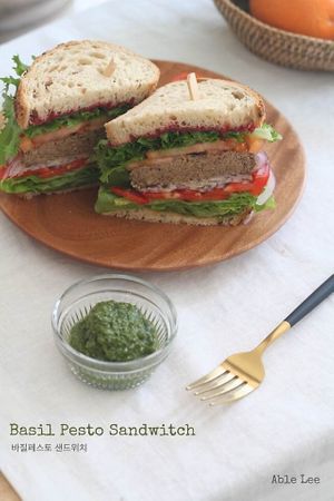 Nuts patty sandwich & basil pasto source at Able Lee in Daejeon