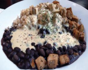 Tofu bowl: organic brown rice, organic black or pinto beans, oranic tofu served with organic tofu sauce. at The Green Temple in Redondo Beach
