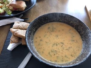 Soup and garlic bread   at Meli Cafe in Newcastle Upon Tyne
