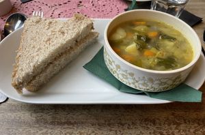 Potato and leek soup with bread & vegan butter.  at The Butterfly and the Pig - City Centre in Glasgow