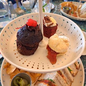 Chocolate fudge cake (amazing), scones with jam, red velvet square at The Butterfly and the Pig - City Centre in Glasgow