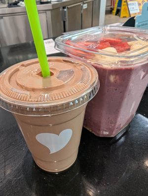 Cacao protein smoothie and acai bowl at Mother's Market in Signal Hill