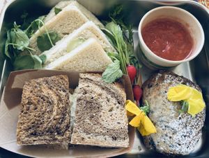 One of my favorite meals thus far. The English Tea sampler with vegan blue cheese cream cheese sandwiches, vegan egg salad on rye, and a scone with strawberry preserves ❤️  at Planted Table in Oakland