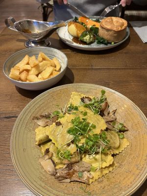 Pie pictured not vegan but the mushroom truffled pasta is, and was delicious. Chips also marked vegan.   at George III Hotel in Dolgellau