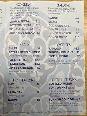 Menu  at Turkish Tukka in Launceston