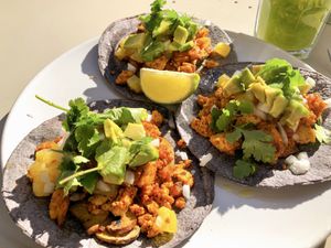 Tacos with mushrooms, pineapple, avocado and tofu  at La Finca in Mallorca