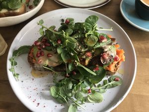Sourdough, avocado, tahini, mushrooms and sweet potato   at La Finca in Mallorca