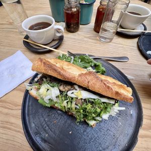 Vegan banh mi & coffee  at Boulenc in Oaxaca